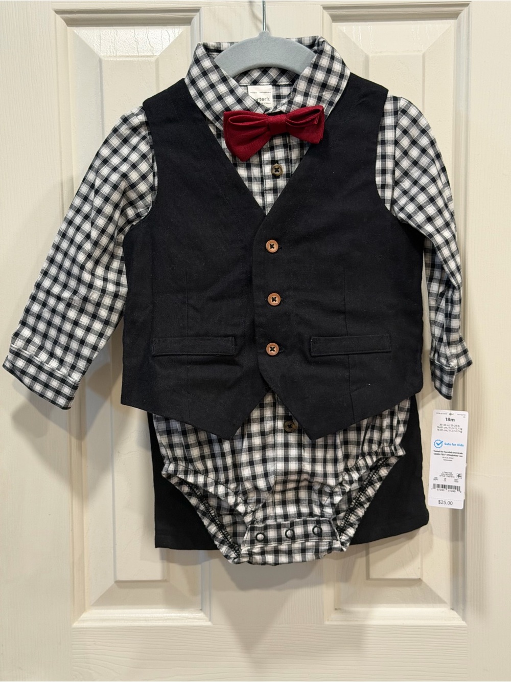 Carter's Black Vest & Black & White Plaid Bodysuit with Red Bow Tie & Pants 18M